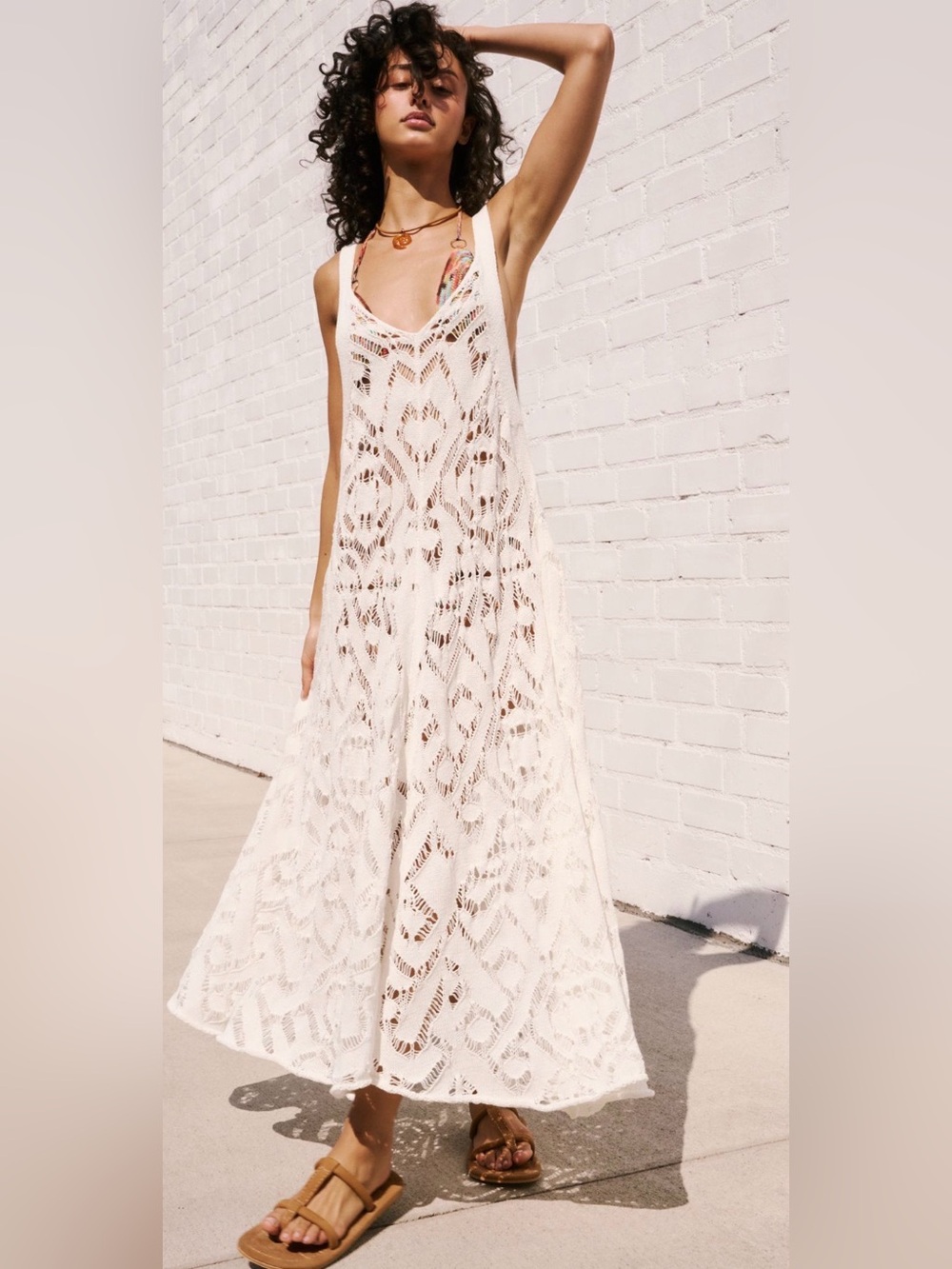 Free People Beach Bianca Fauxchet Crochet Flowy Midi Dress Ivory Large